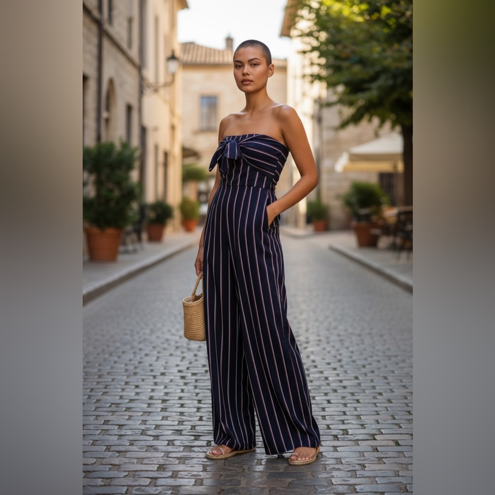 Guess Wide Leg Strapless Navy White Red Striped Jumpsuit One piece pants Small